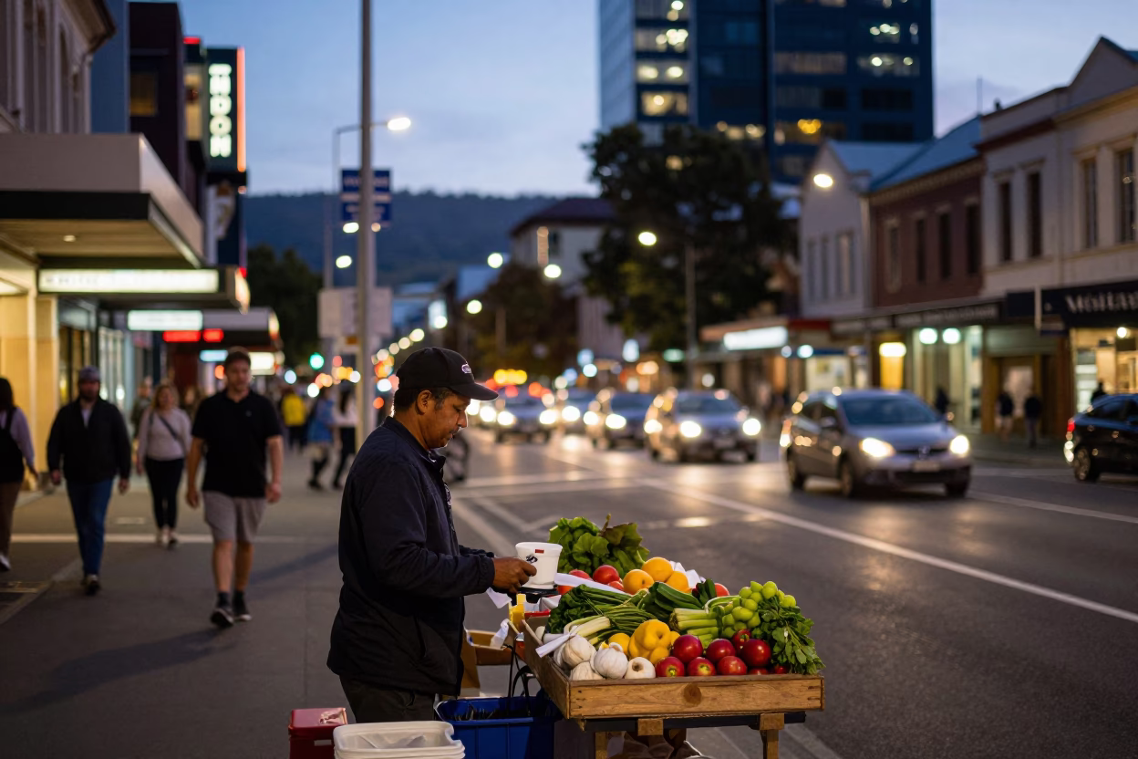 Evening Street Scene in Hobart Tasmania Australia with City Lights Glowing and Local Life in in Hobart, Tasmania, Australia