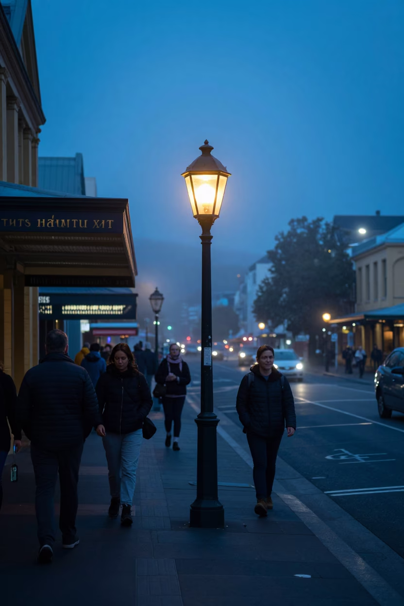 Evening Street Scene in Hobart Tasmania Australia with Lantern and Urban Details in in Hobart, Tasmania, Australia