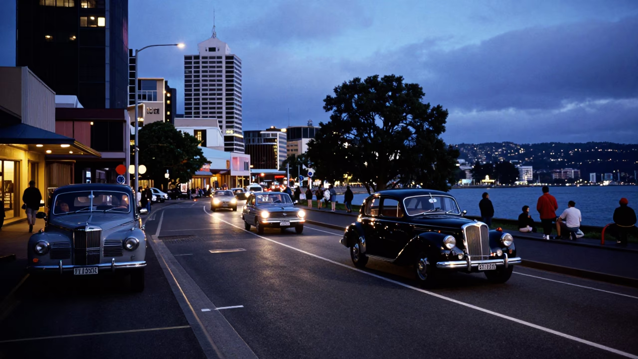 Evening Street Scene in Hobart Tasmania Australia with Vintage Car Rally and Local Interaction in in Hobart, Tasmania, Australia