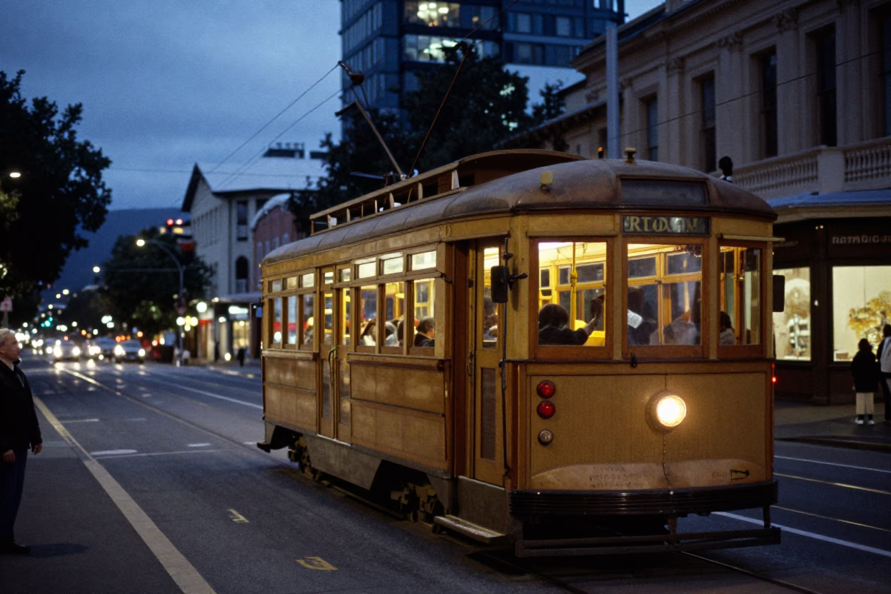Evening Street Scene in Hobart Tasmania Australia with Vintage Tram and City Lights in in Hobart, Tasmania, Australia