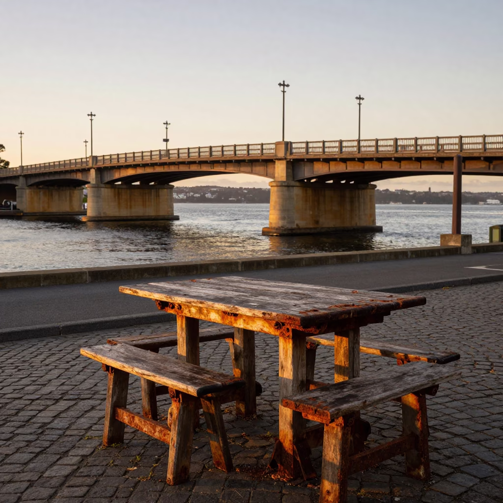 Evening Street Scene in Hobart Tasmania with Bridge Pier and Rusty Table in in Hobart, Tasmania, Australia