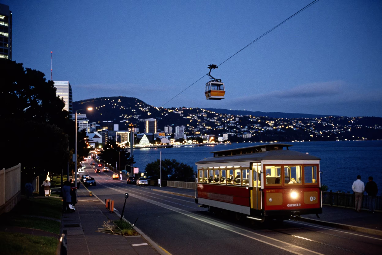 Evening Street Scene in Hobart Tasmania with Cable Car and Harbor Lights in in Hobart, Tasmania, Australia