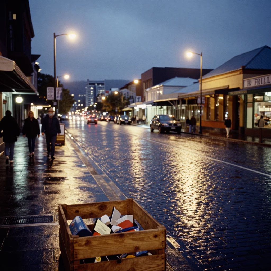Evening street scene in Hobart Tasmania with city lights glowing at dusk in in Hobart, Tasmania, Australia