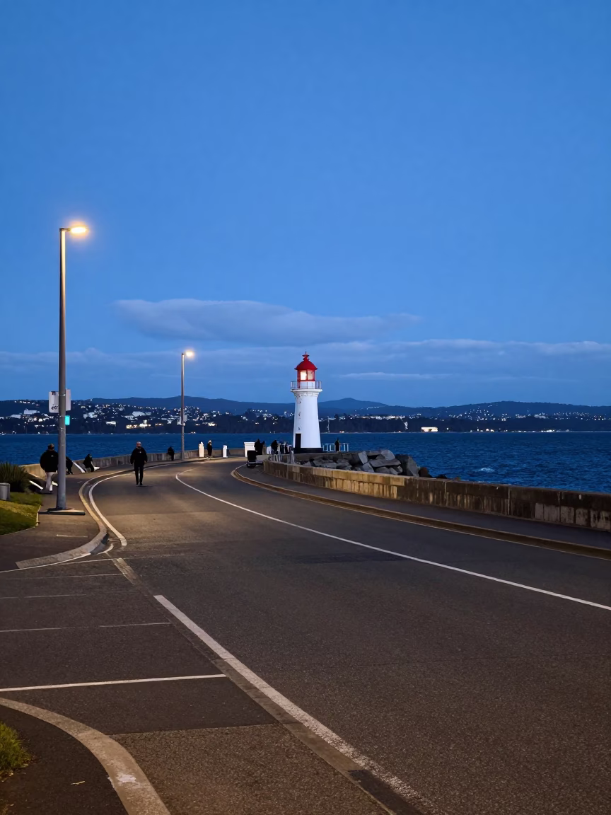 Evening street scene in Hobart Tasmania with coastal breakwater beacons at dusk in in Hobart, Tasmania, Australia