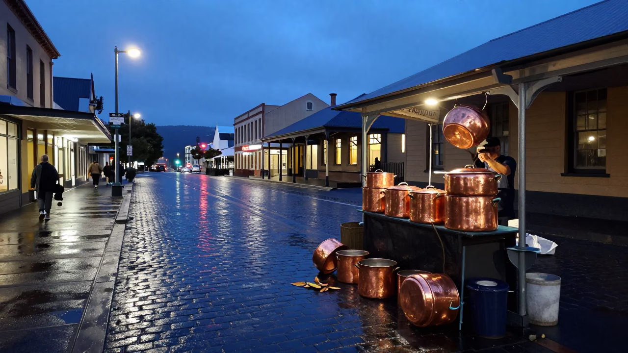 Evening Street Scene in Hobart Tasmania with Copper Pots and Fallen Petals in in Hobart, Tasmania, Australia