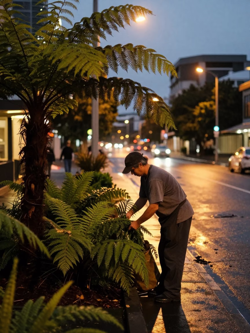 Evening street scene in Hobart Tasmania with gardener and fern fronds in in Hobart, Tasmania, Australia