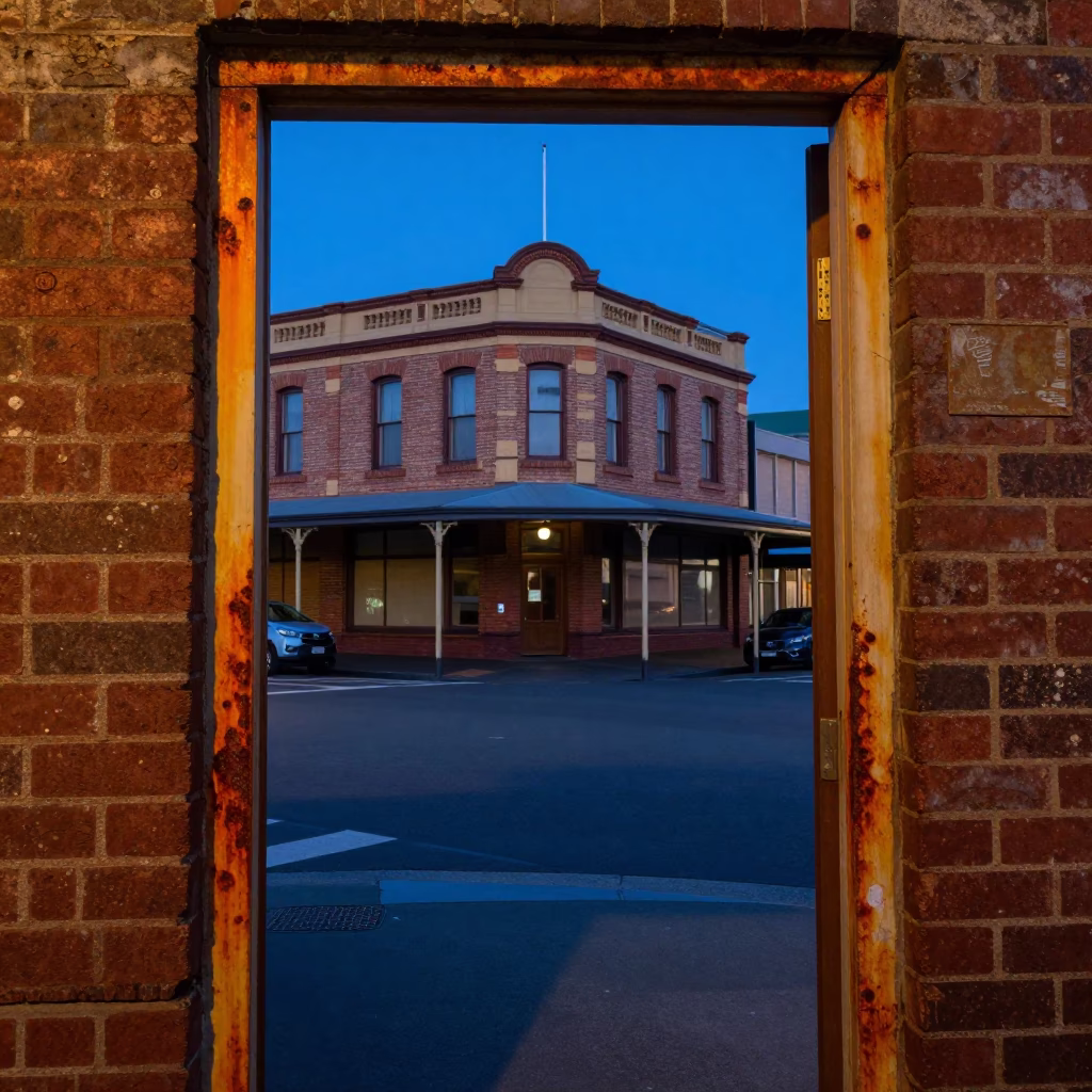 Evening Street Scene in Hobart Tasmania with Rusty Doorframe and Vintage Basketball in in Hobart, Tasmania, Australia