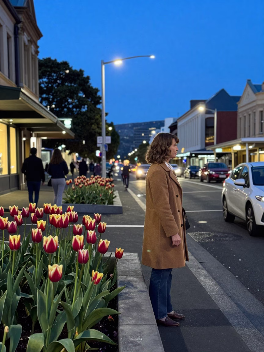 Evening Street Scene in Hobart Tasmania with Tulips and Urban Lights in in Hobart, Tasmania, Australia