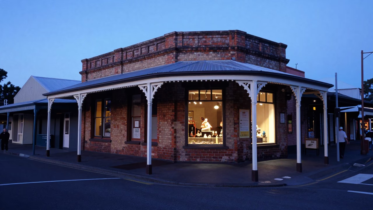 Evening Street Scene in Hobart Tasmania with Vintage Shop Window Display in in Hobart, Tasmania, Australia