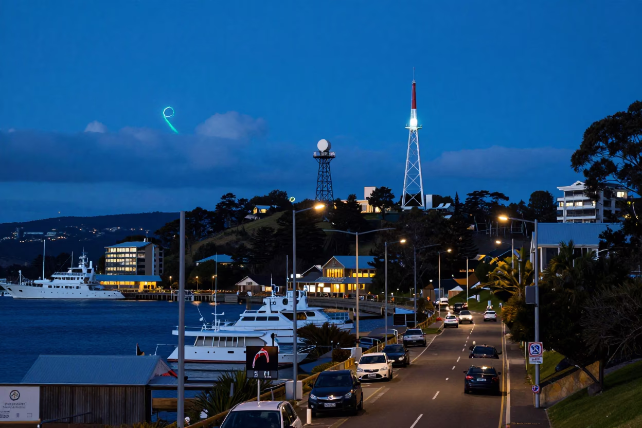 Evening street scene in Hobart Tasmania with weather radar and harbor views in in Hobart, Tasmania, Australia