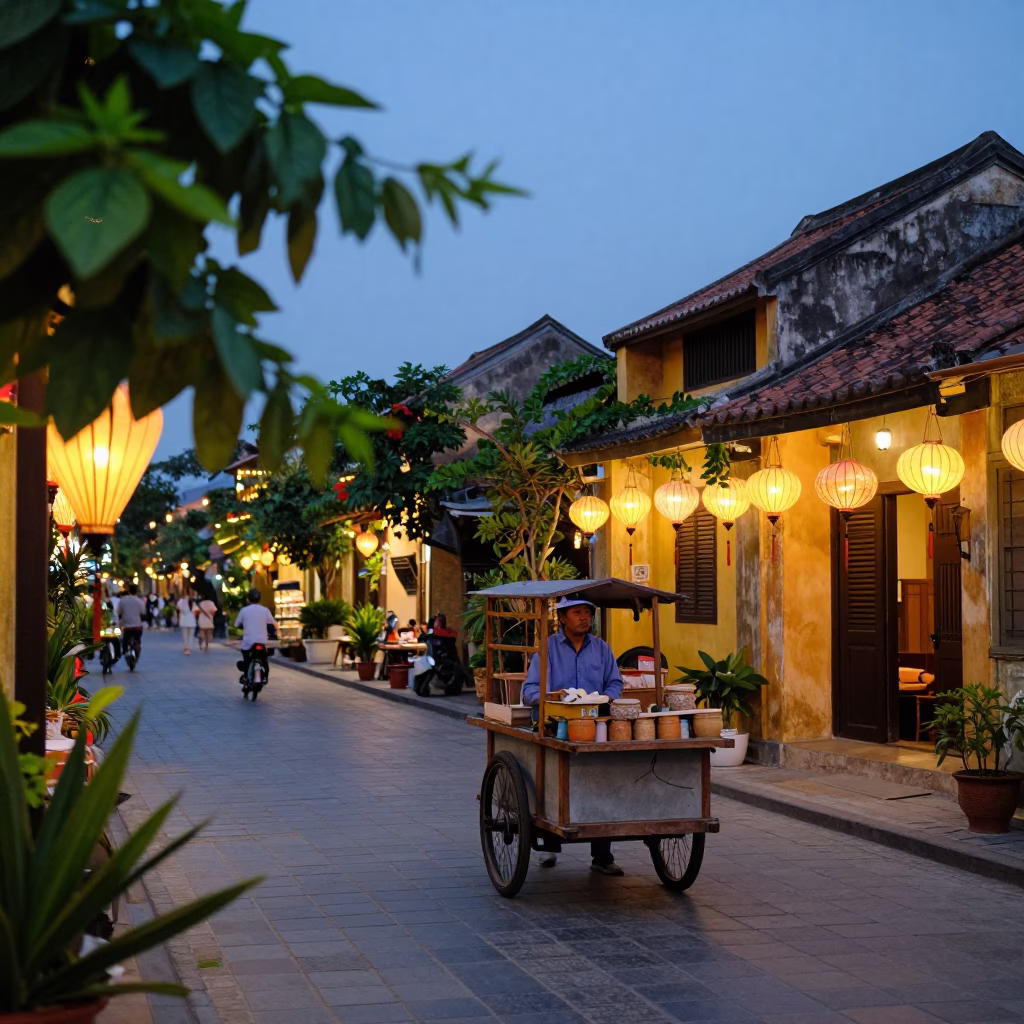 Evening Street Scene in Hoi An Vietnam with Basil Leaves and Traditional Lanterns in in Hoi An, Vietnam