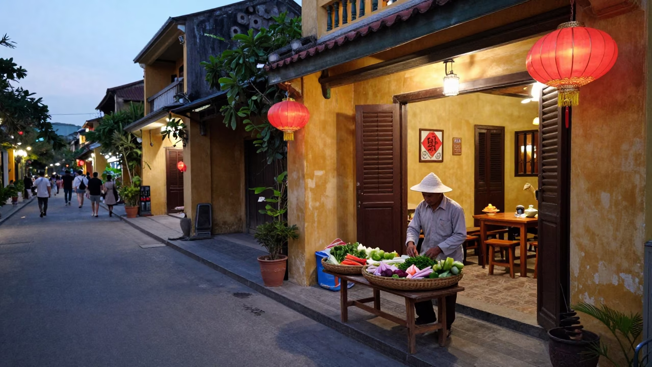 Evening Street Scene in Hoi An Vietnam with Basket Tray and Bar Stools in in Hoi An, Vietnam