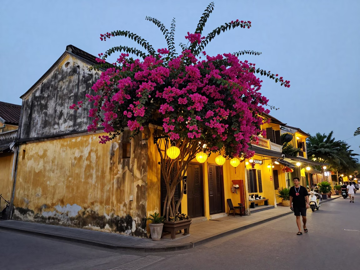 Evening Street Scene in Hoi An Vietnam with Bougainvillea and Lantern Glow in in Hoi An, Vietnam