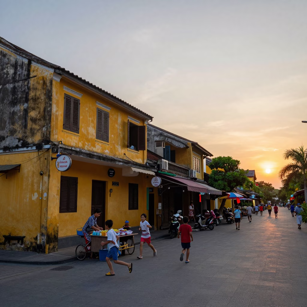 Evening Street Scene in Hoi An Vietnam with Children Playing and Local Vendors in in Hoi An, Vietnam