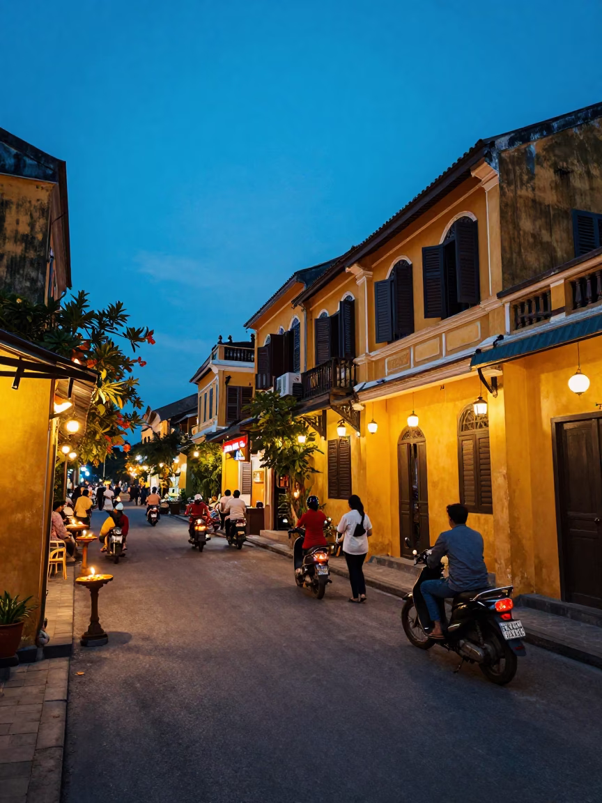 Evening Street Scene in Hoi An Vietnam with Diwali Oil Lamps and Local Activity in in Hoi An, Vietnam