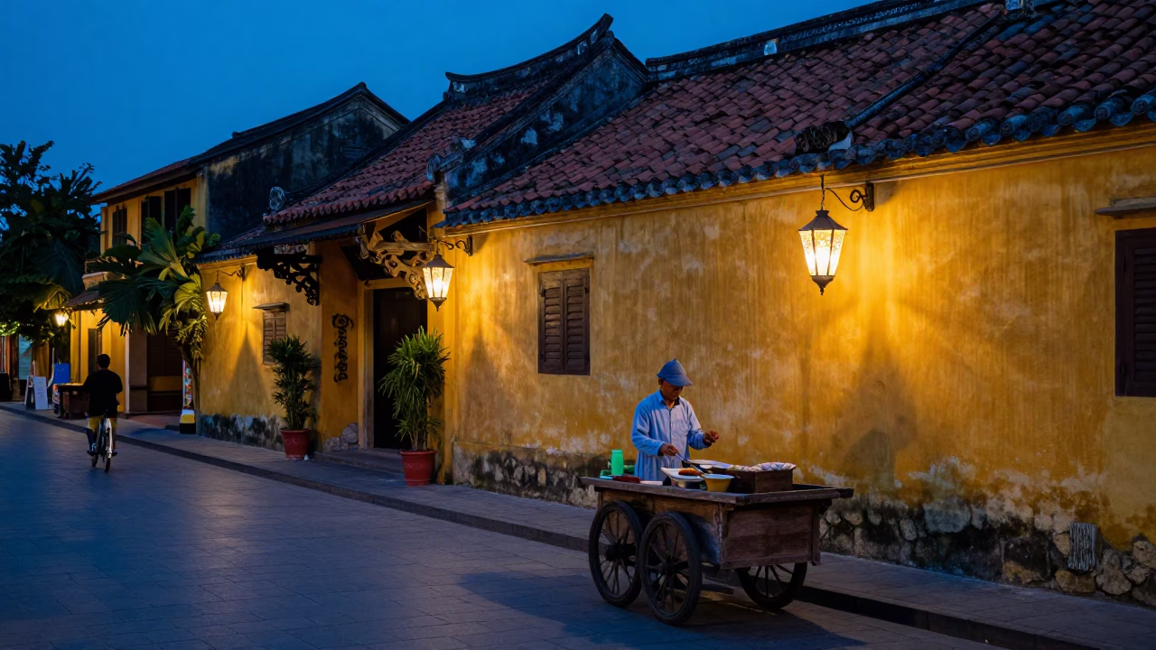Evening Street Scene in Hoi An Vietnam with Hammered Metal Lanterns in in Hoi An, Vietnam