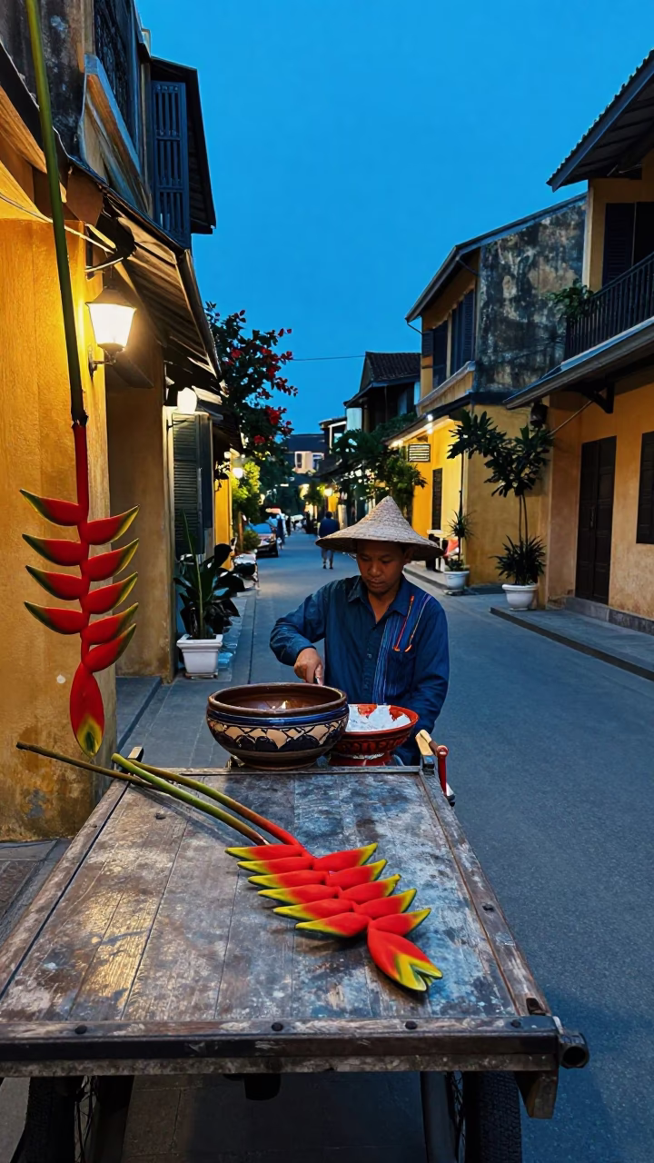 Evening street scene in Hoi An Vietnam with heliconia and ceramic bowl under twilight in in Hoi An, Vietnam