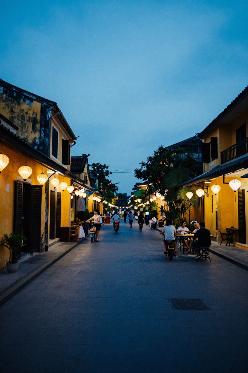 Evening Street Scene in Hoi An Vietnam with Lanterns and Local Activity in in Hoi An, Vietnam