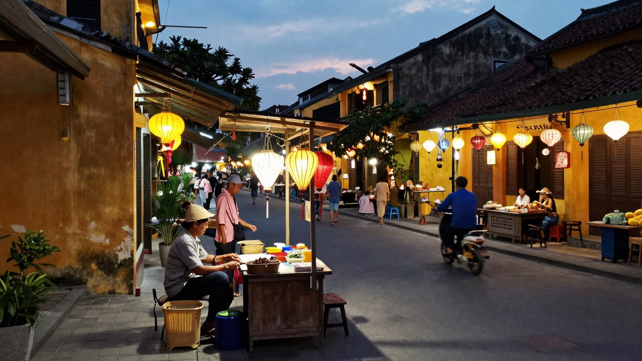 Evening Street Scene in Hoi An Vietnam with Lanterns and Local Commerce in in Hoi An, Vietnam