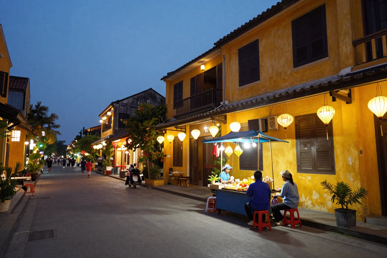 Evening Street Scene in Hoi An Vietnam with Lanterns and Local Food in in Hoi An, Vietnam