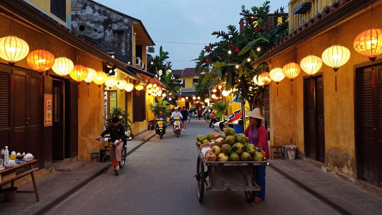 Evening Street Scene in Hoi An Vietnam with Lanterns and Local Life in in Hoi An, Vietnam