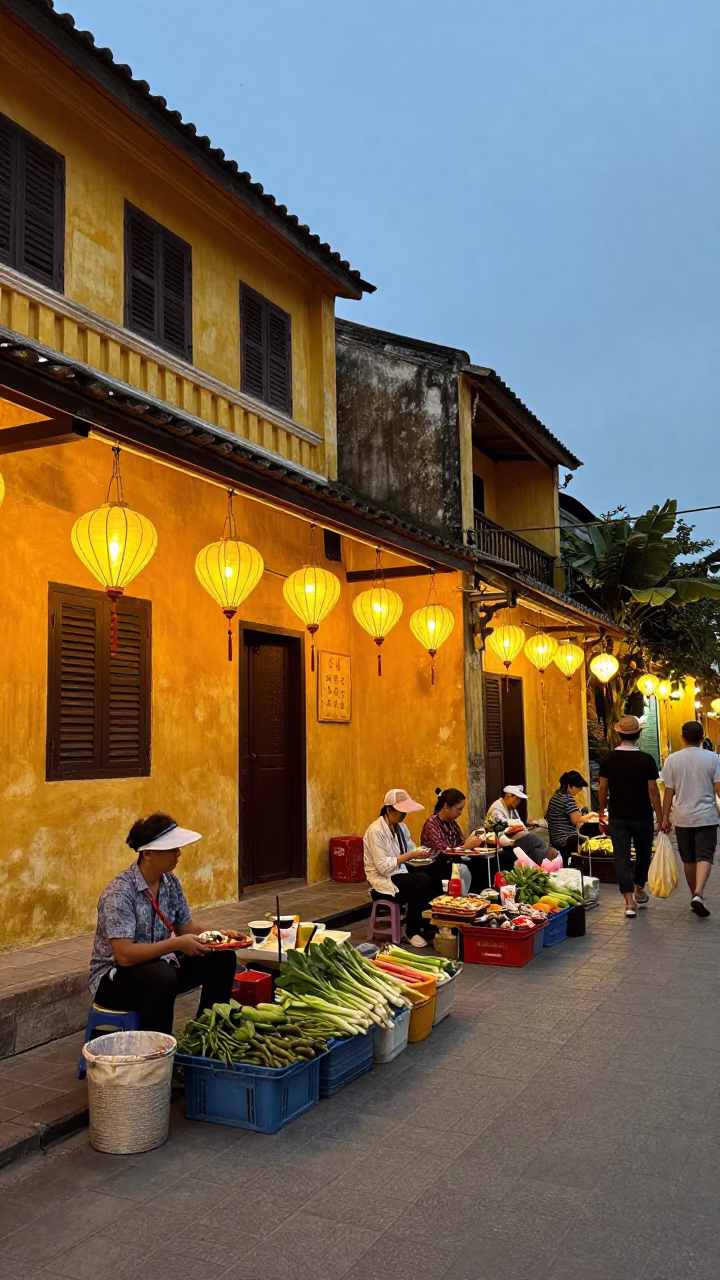 Evening street scene in Hoi An Vietnam with lanterns and local vendors at dusk in in Hoi An, Vietnam
