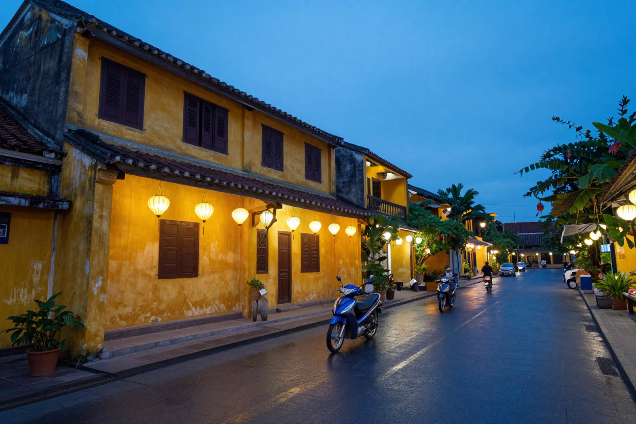 Evening Street Scene in Hoi An Vietnam with Lanterns and Motorbikes in in Hoi An, Vietnam