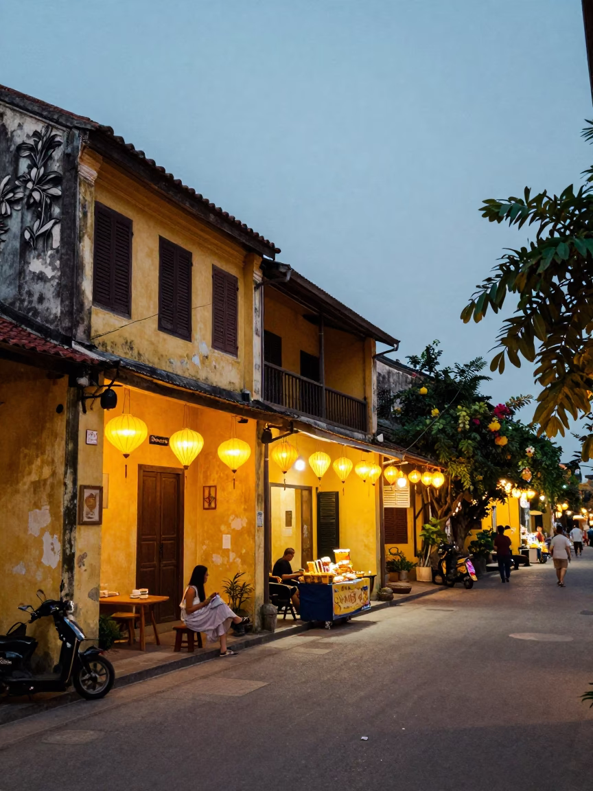 Evening Street Scene in Hoi An Vietnam with Lanterns and Street Food in in Hoi An, Vietnam