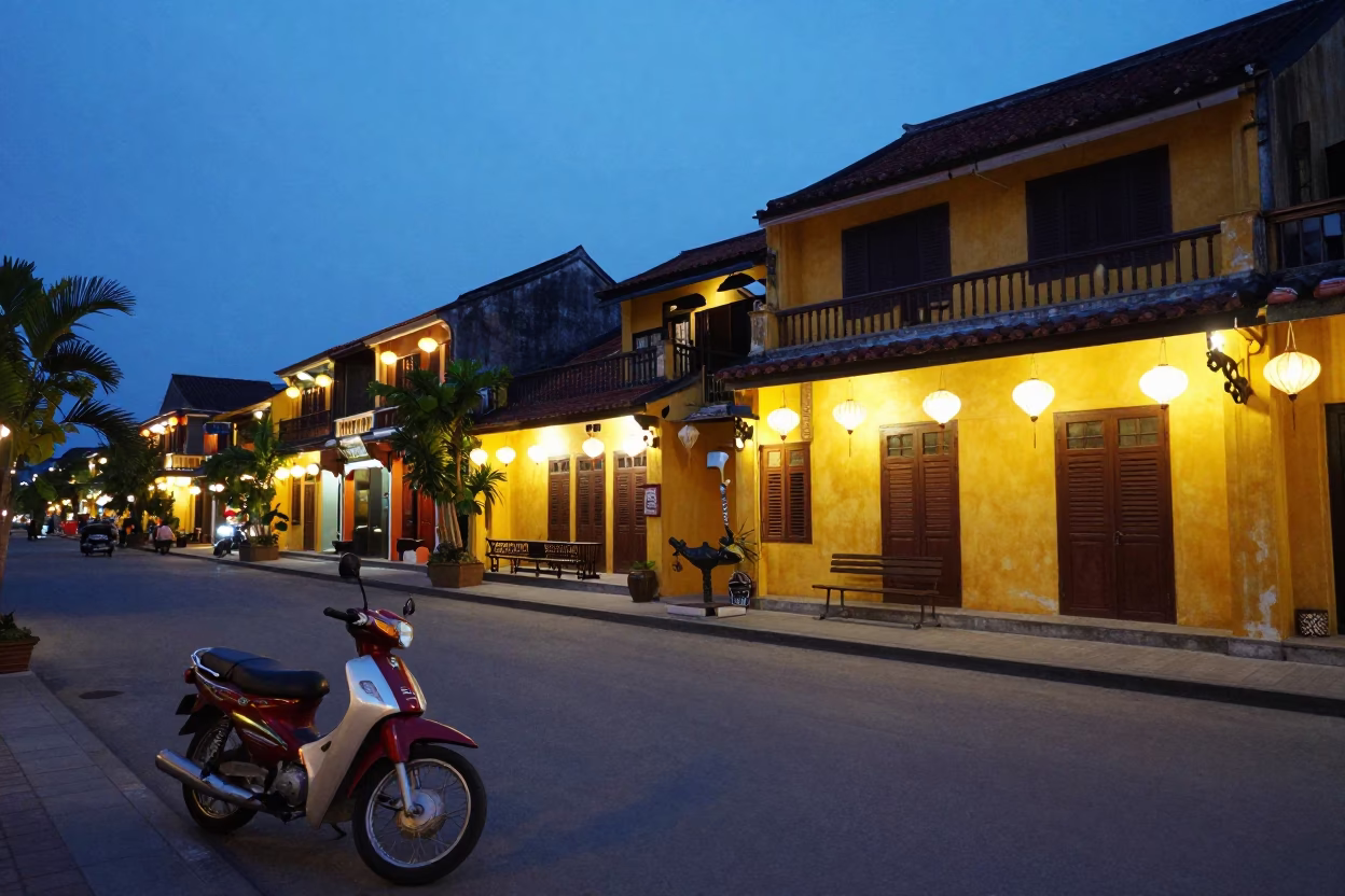 Evening Street Scene in Hoi An Vietnam with Lanterns and Vintage Motorbikes in in Hoi An, Vietnam
