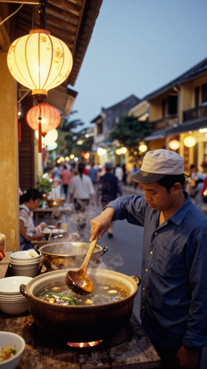Evening street scene in Hoi An Vietnam with lanterns and wooden spoon in in Hoi An, Vietnam