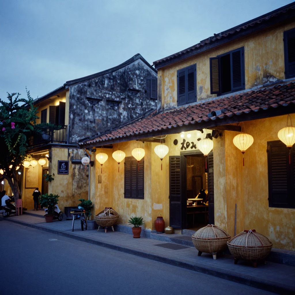 Evening street scene in Hoi An Vietnam with lanterns and woven baskets in in Hoi An, Vietnam