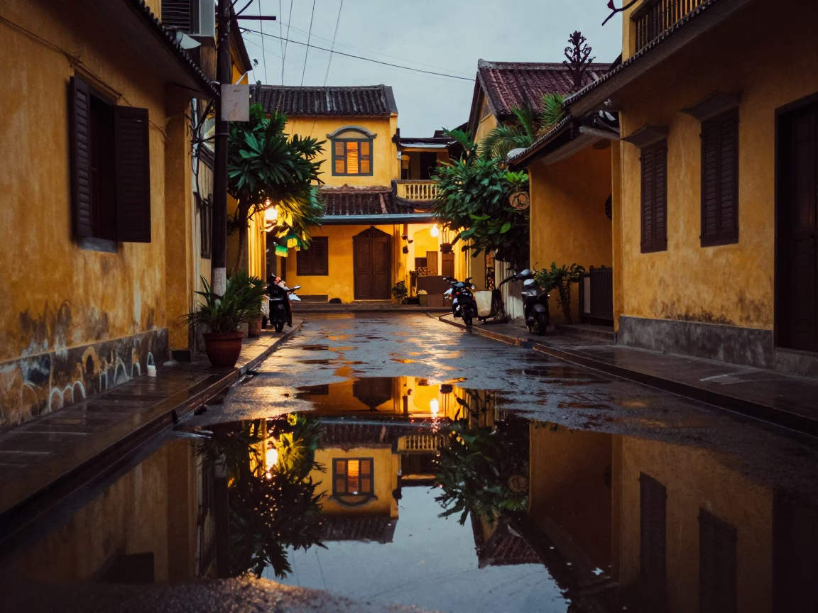 Evening Street Scene in Hoi An Vietnam with Puddle Reflections and Local Life in in Hoi An, Vietnam