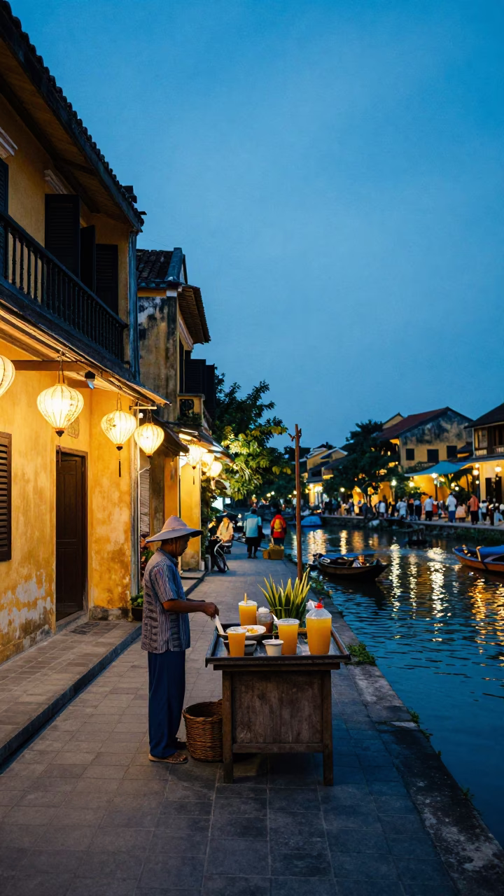 Evening street scene in Hoi An Vietnam with sugarcane juice and lanterns in in Hoi An, Vietnam