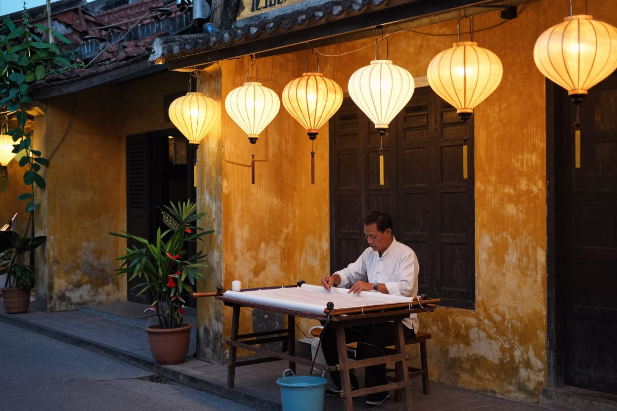 Evening Street Scene in Hoi An Vietnam with Tailor and Lanterns in in Hoi An, Vietnam
