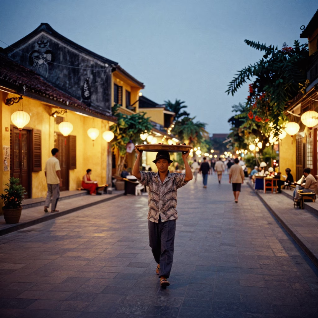 Evening Street Scene in Hoi An Vietnam with Wooden Tray and Lanterns in in Hoi An, Vietnam