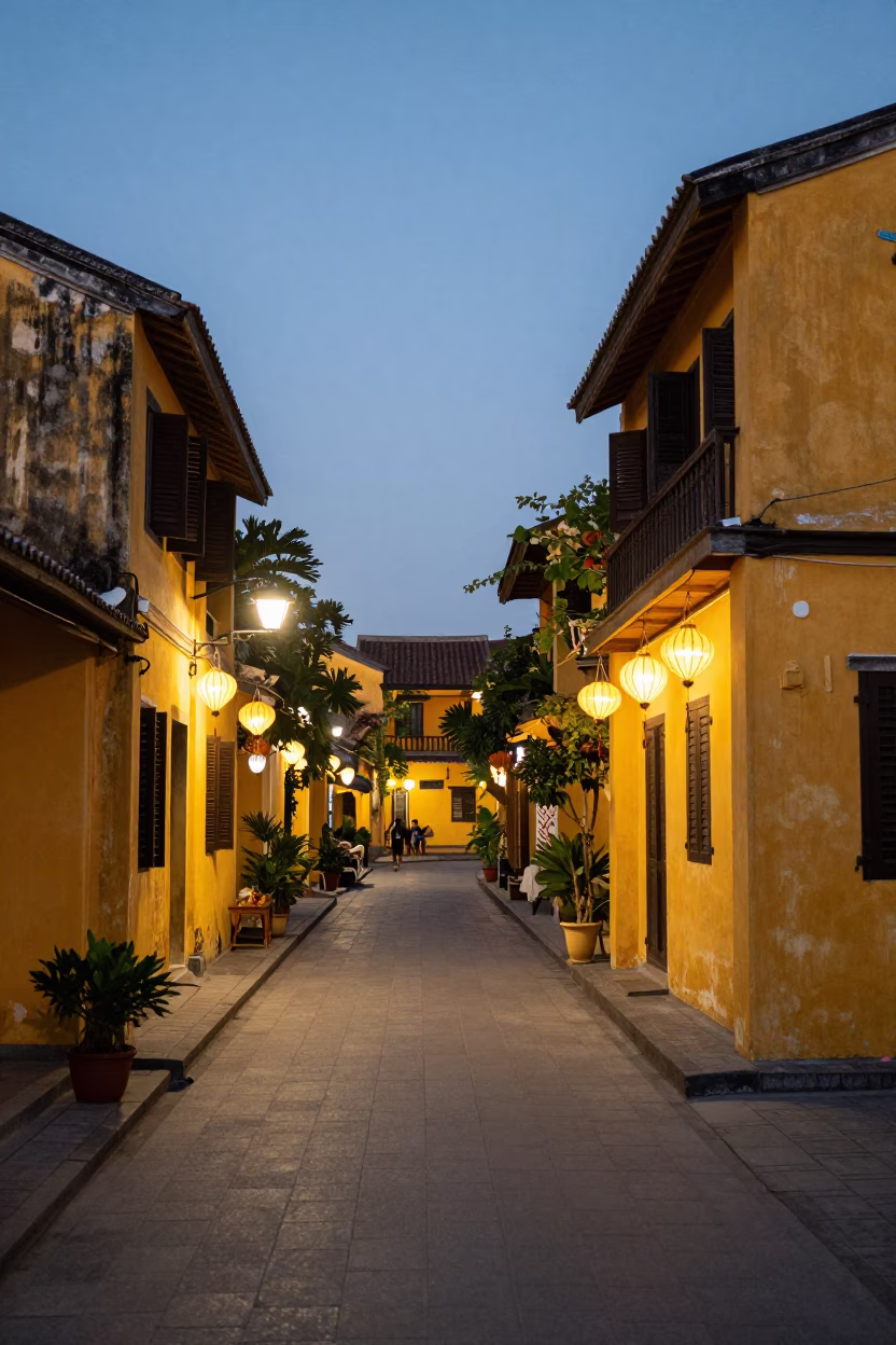 Evening Street Scene in Hoi An Vietnam with Yellow Buildings and Street Food in in Hoi An, Vietnam