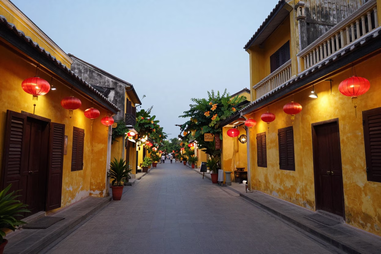 Evening street scene in Hoi An Vietnam with yellow colonial buildings and lanterns in in Hoi An, Vietnam