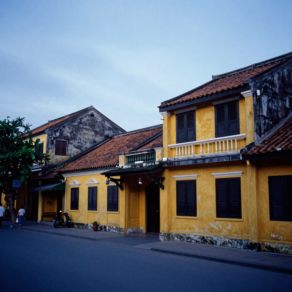 Evening Street Scene in Hoi An Vietnam with Yellow Facades and Local Life in in Hoi An, Vietnam