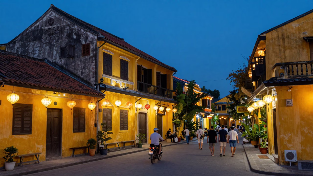 Evening street scene in Hoi An Vietnam with yellow walls and lanterns in in Hoi An, Vietnam