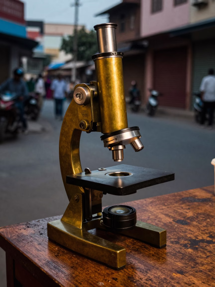Evening Street Scene in Hyderabad India with Antique Microscope on Wooden Desk in in Hyderabad, India