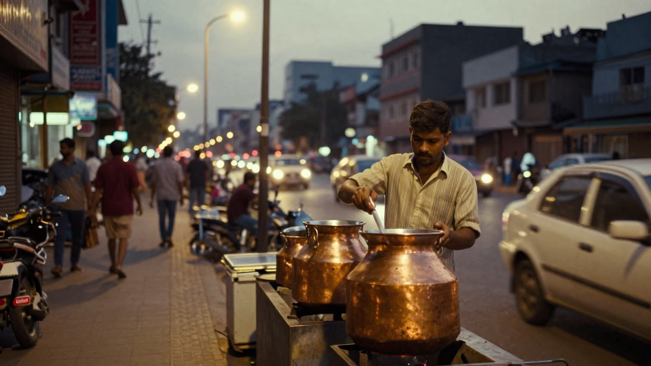 Evening Street Scene in Hyderabad India with Copper Pots and City Lights in in Hyderabad, India