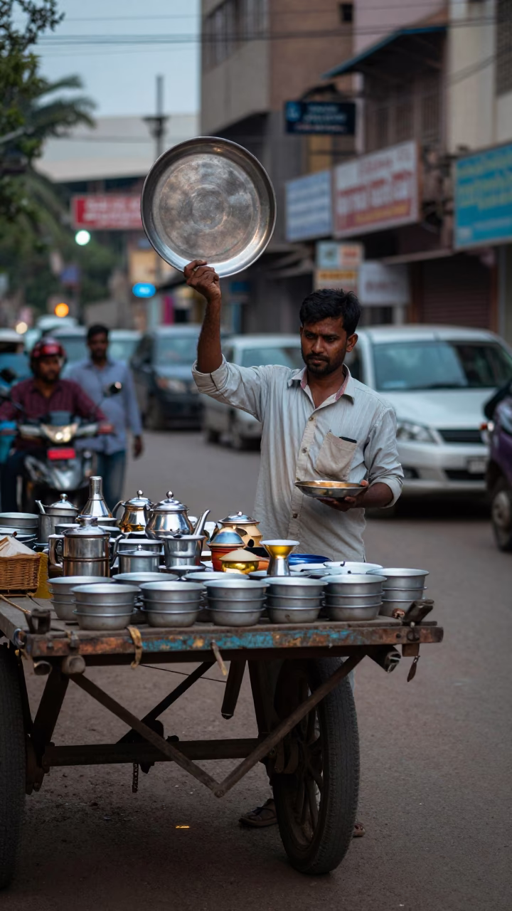 Evening street scene in Hyderabad India with enamel bowls and tea tray in in Hyderabad, India