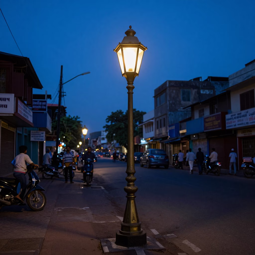 Evening Street Scene in Hyderabad India with Hurricane Lamp and Local Market Details in in Hyderabad, India