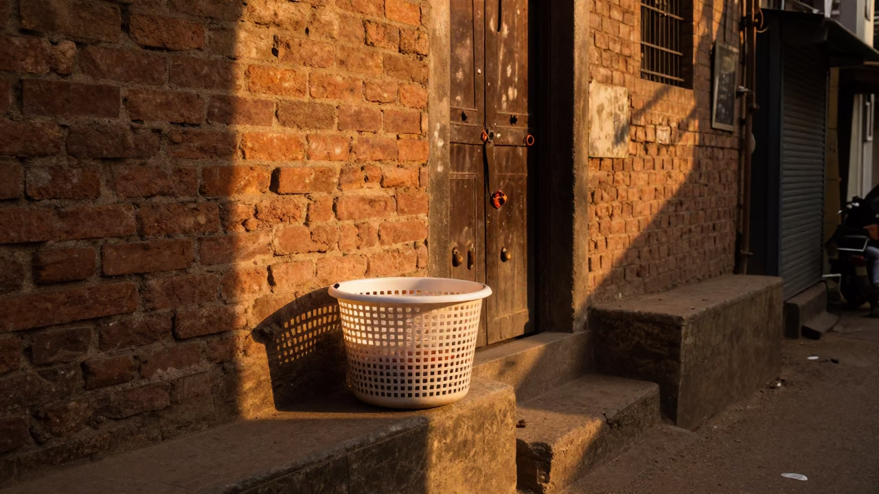 Evening Street Scene in Hyderabad India with Laundry Basket and Pomegranate Seeds in in Hyderabad, India