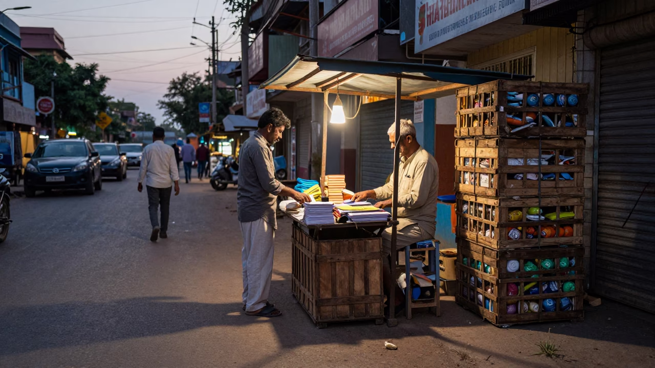 Evening street scene in Hyderabad India with notebook and crate near historic architecture in in Hyderabad, India