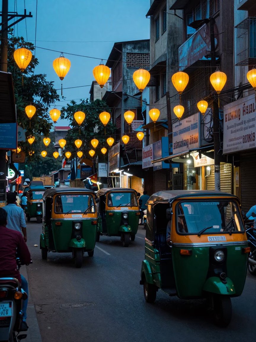 Evening Street Scene in Hyderabad India with Paper Lanterns and Urban Life in in Hyderabad, India