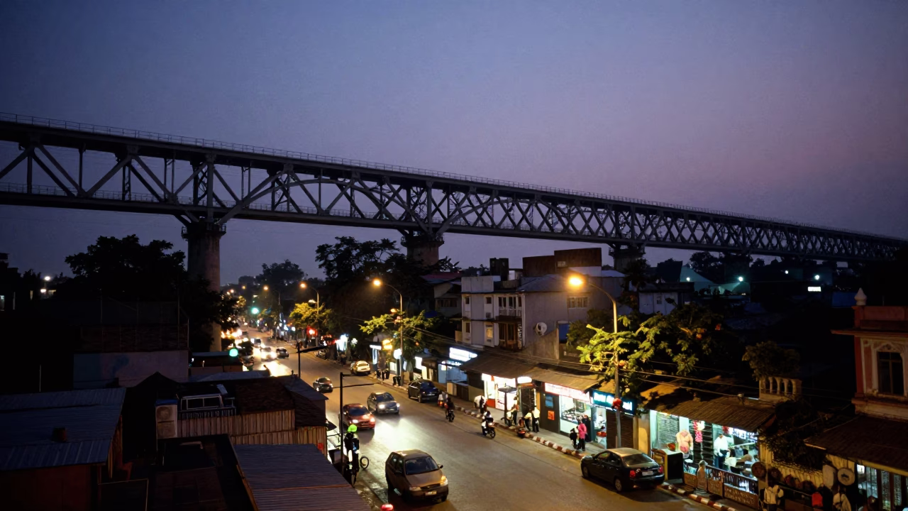 Evening Street Scene in Hyderabad India with Railway Viaduct and Local Market Activity in in Hyderabad, India