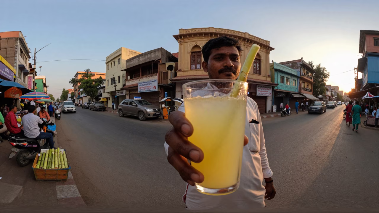 Evening Street Scene in Hyderabad India with Sugarcane Juice and Local Life in in Hyderabad, India