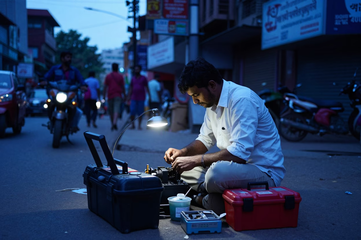 Evening Street Scene in Hyderabad India with Toolboxes and Local Activity in in Hyderabad, India