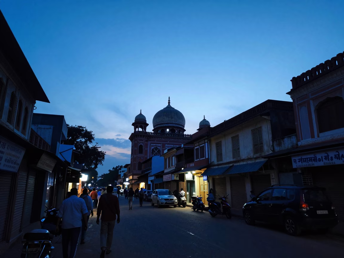Evening street scene in Hyderabad India with traditional architecture and local life in in Hyderabad, India